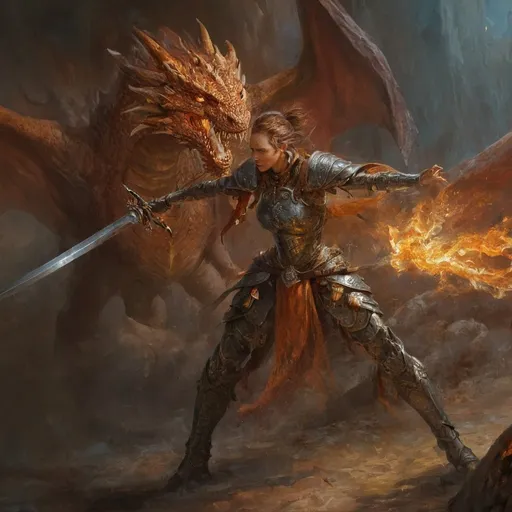 Prompt: Photo-realistic oil painting of a female DnD character, hybrid humanoid dragon , engaged in a sword fight, movement, magic swirls, detailed face, elaborate armor with intricate details, high definition, realistic style, warm tones, dramatic lighting, detailed facial features, intense action, fantasy setting, high-quality, oil painting, female, DnD character, hybrid humanoid, sword fight, elaborate armor, high definition, realistic style, warm tones, dramatic lighting, detailed facial features, intense action, fantasy setting