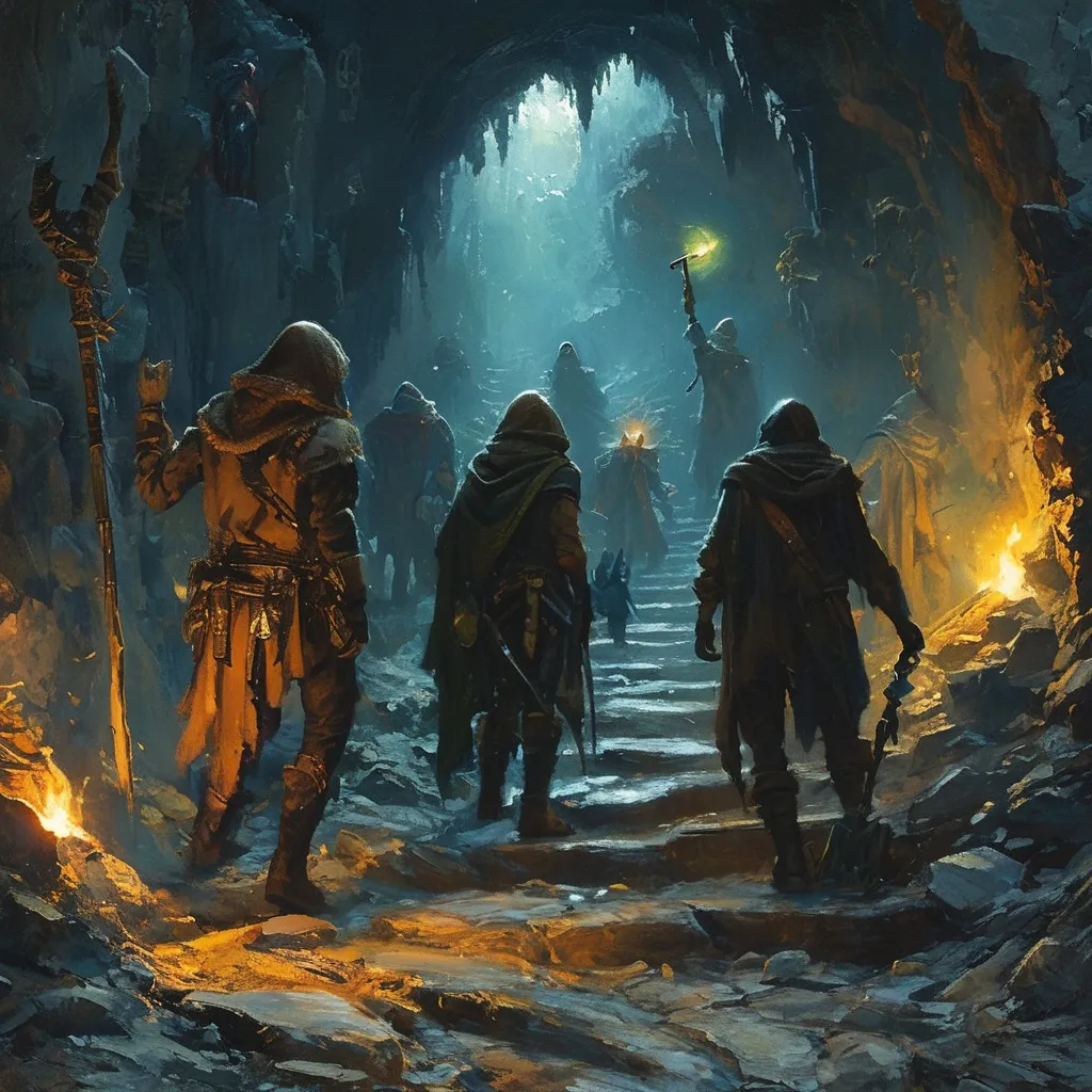 Prompt: (treasure hunting in a dungeon), (oil painting), (Anton Pieck style), group of adventurers, dark shadows, mystical ambiance, magical light emitting from staff, arcane spells swirling, mythical monsters lurking, rich colors, gloomy yet vivid atmosphere, 4K ultra-detailed, depth of field, encapsulating adventure and mystery.