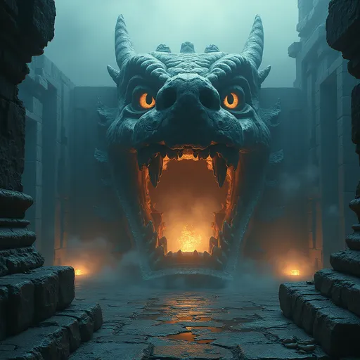 Prompt: (dragon statue mouth as a gateway), ethereal spells glowing, ancient ruins surrounded by mist, intricate glowing runes and glyphs illuminating the structure, mystical ambiance, deep, warm highlights reflecting off stone, (highly detailed), evokes a sense of adventure and ancient mystery, enchanting atmosphere, (4K quality), cinematic depth.