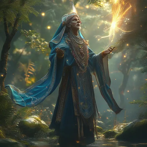 Prompt: (4K) stunningly Beautiful Asimir adivasi Priestes DND character, cloaked in intricate ceremonial robes, standing boldly in a mystical grove, (powerful spells) flying through the air amongst a dazzling glow of divine light, vibrant ethereal colors illuminating the scene, lush greenery as the backdrop, (intense atmosphere) filled with urgency and magic, highly detailed.