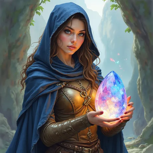 Prompt: (pencil watercolor painting) Justin Gerard style, D&D female character thief, holding a crystal dragon egg, (magical aura) glowing around the egg, leather armor and dark cloak, enchanting landscape background with fantasy elements, muted pastels and vibrant highlights, ethereal lighting creates a sense of wonder, ultra-detailed, inviting a narrative spirit and fantasy adventure.