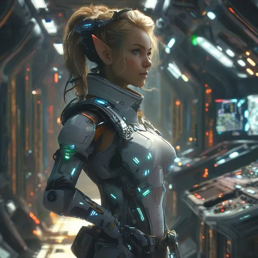 Prompt: Female elf engineer DND character, (high-tech futuristic space outfit), ready for busyness, (high tech suit), intricate details, tools at the ready, illuminated armor panels, sleek design, posture of confidence, (space station surroundings), spaceship and blinking control panels in the background, vibrant colors, contrasting shadows, immersive sci-fi ambiance, (4K ultra-detailed), dynamic energy.