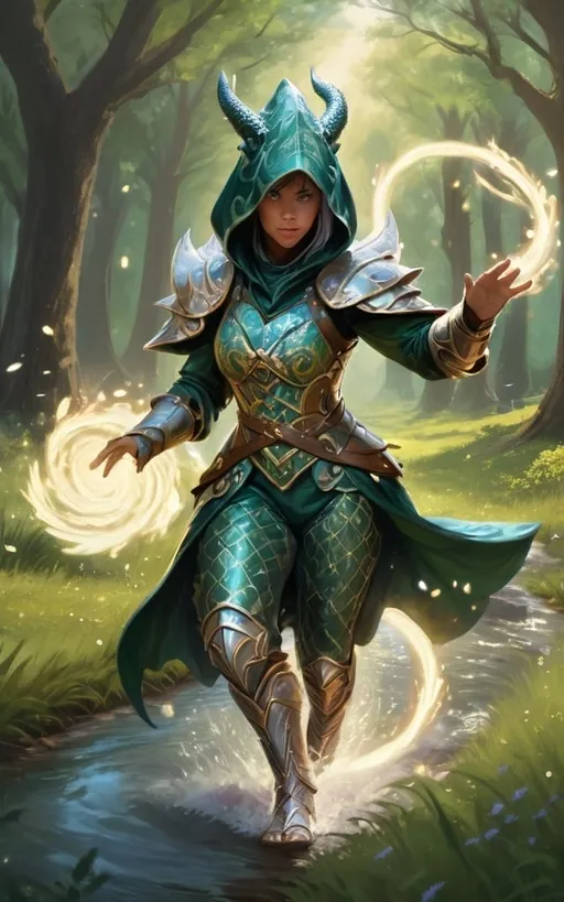 Prompt: female dragon character in ornate victorian armor DnD style, illuminating magic spell, ilummination magc swirls, running in a meadow in a forest, scales, martial arts, mages robe, little stream, hooded, fierce, fantasy art, magic the gathering artwork, concept art, clawed feet