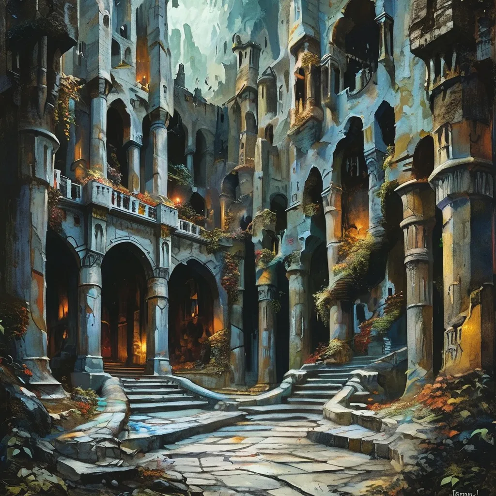 Prompt: (DnD dungeon), grand and atmospheric halls, ancient ruins, shadowy corners, (adventurers exploring), (Anton Pieck style) enchanting illustration, dark shadows, a sense of mystery and adventure, whimsical creatures lurking, ultra-detailed, high-quality fantasy art, immersive and captivating ambiance.