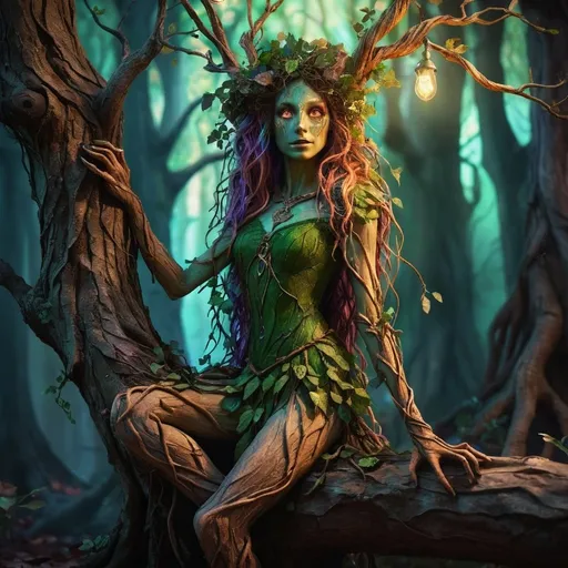 Prompt: realistic dryad, medieval fantasy art style, vibrant color palette, forrest, whimsical details, high quality, detailed roots and branches, mystical, glowing eyes,whimsical, magical, medieval fantasy, vibrant colors, dnd Character, Root legs, twig hands,  atmospheric lighting