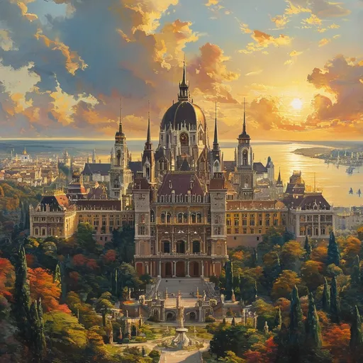 Prompt: (aerial view of grand palace), (Wiener Hofburg style), (oil painting), towers and spires, in the enchanting style of Anton Pieck, medieval fantasy, picturesque hilly hinterland, shimmering bay, (sunny day) with radiant golden clouds, conveying a pompous feeling, showcasing ancient architecture with elegant details, flourishing marble accents, (ultra-detailed), vibrant colors, (cinematic masterpiece).