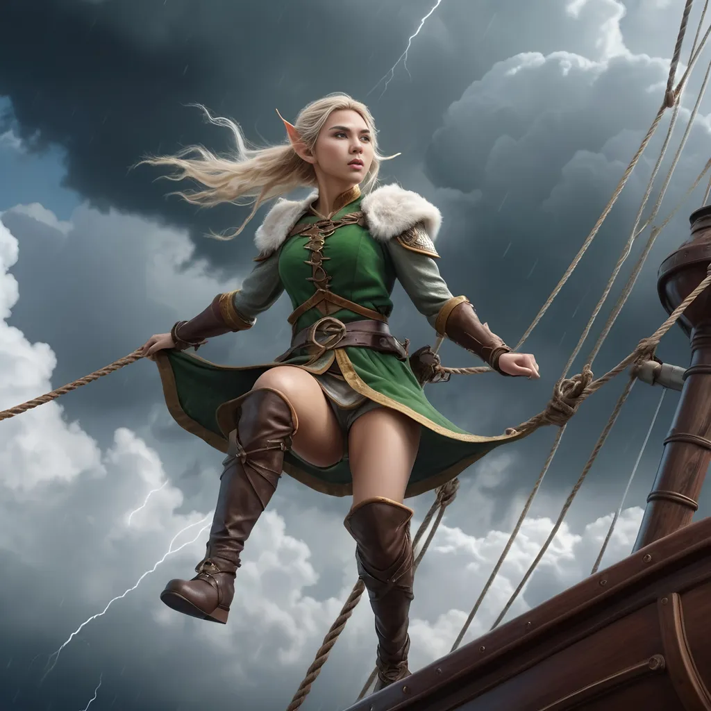 Prompt: (full body blond asian female elf adventurer on a flying ship in the clouds), medieval fantasy, high up in the sky, sleek ship, phloughing through the clouds, intense expression, storm and wind,  rough admosphere, pretty face, beautiful curves, fantasy setting, detailed background with fluffy storm clouds, lightning, dynamic and energetic pose, ultra-detailed, 4K, high quality, cinematic colors