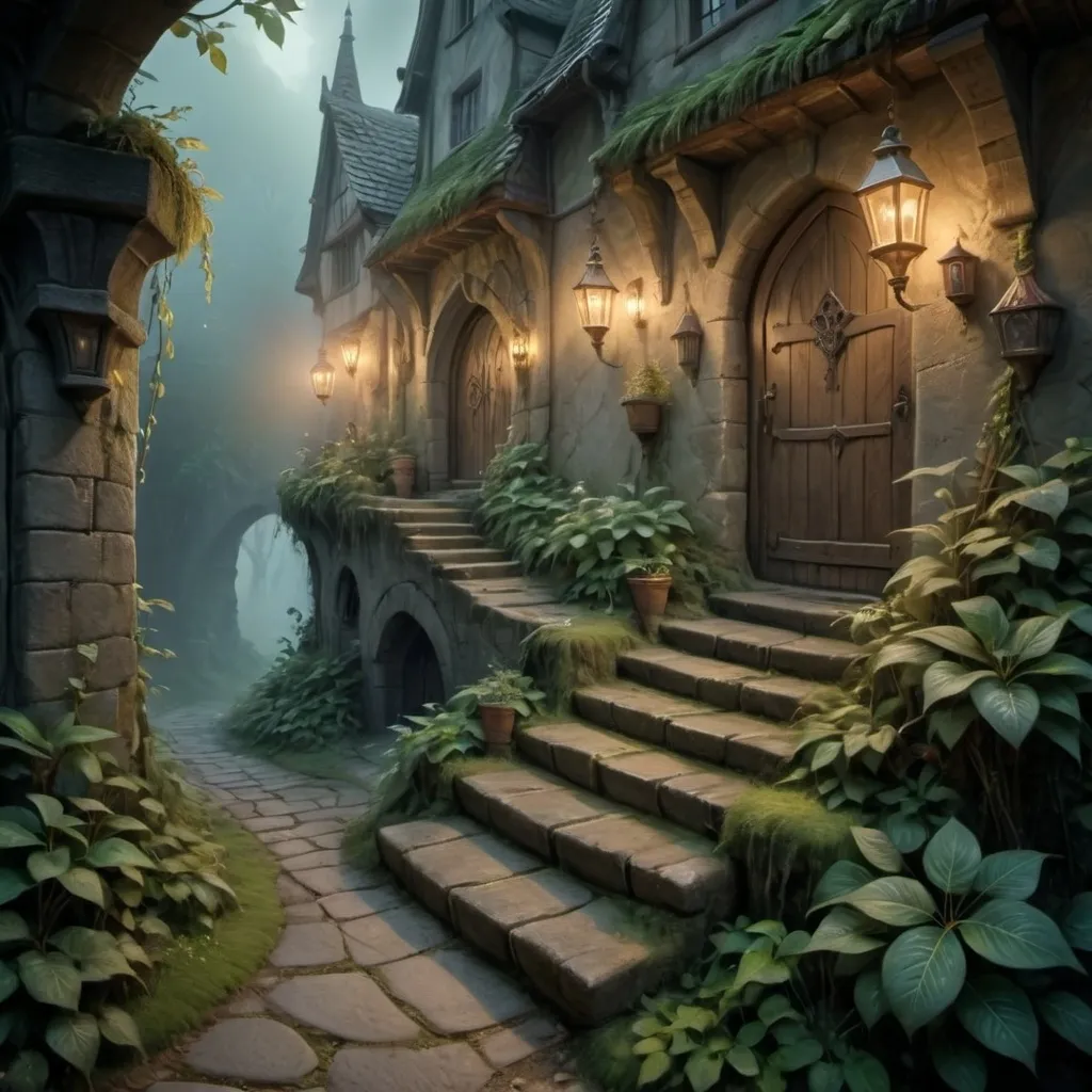 Prompt: enchanted footwraps, (magical aura), stealthy design, foggy surroundings, (anton pieck style), medieval fantasy, tranquil atmosphere, serene and mystical vibe, (soft lighting), dynamic shadows, high detail, 4K image, ethereal colors blending into the mist, inviting calmness and mystery emanating from the scene.