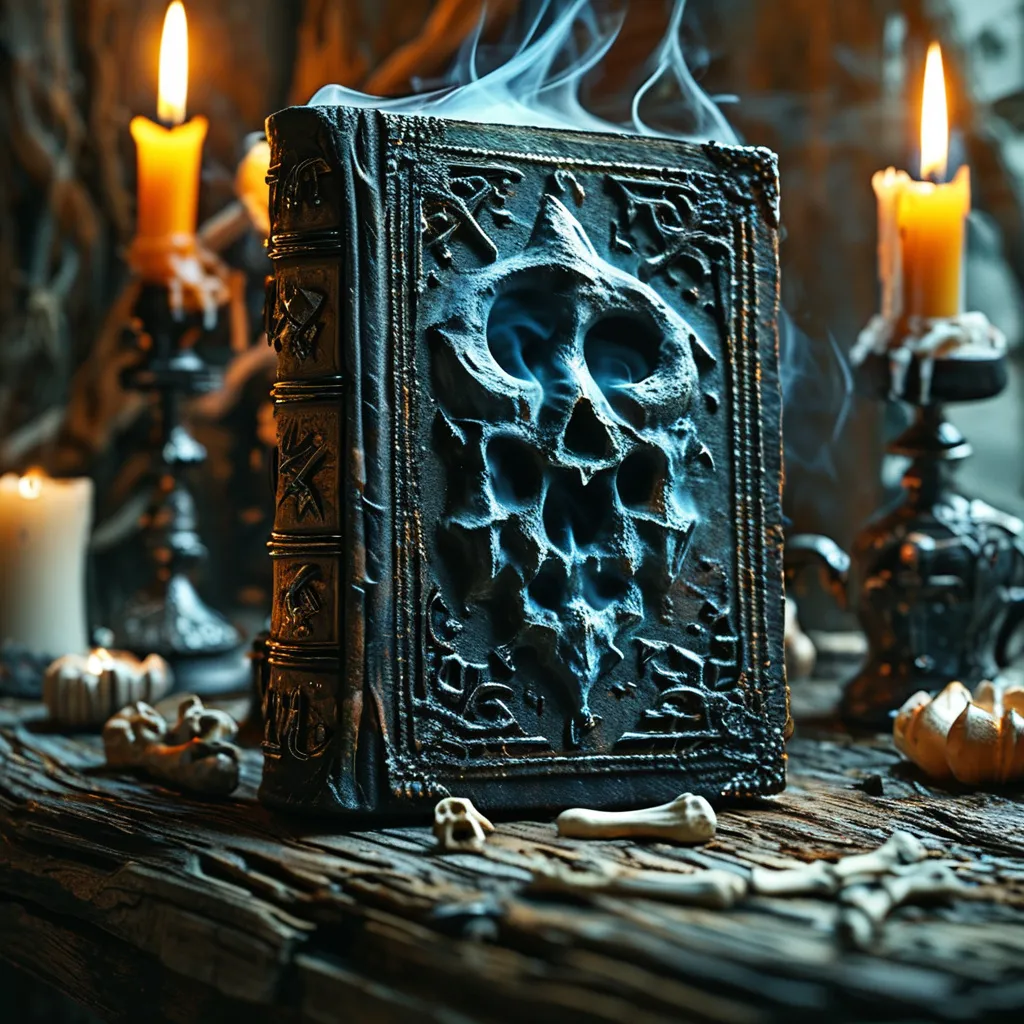 Prompt: (4K) necromantic grimoire, dark fantasy elements, swirling dark smoke, eerie bones  symbols, mystic spells illuminating the pages, magical symbols and runes, Antique book with age-worn leather cover, shadowy surroundings, dim candlelight casting ominous shades, hauntingly atmospheric, deep shadows, enchanted medieval ambiance, ultra-detailed, gothic design, creating a sense of dark magic and mystery.