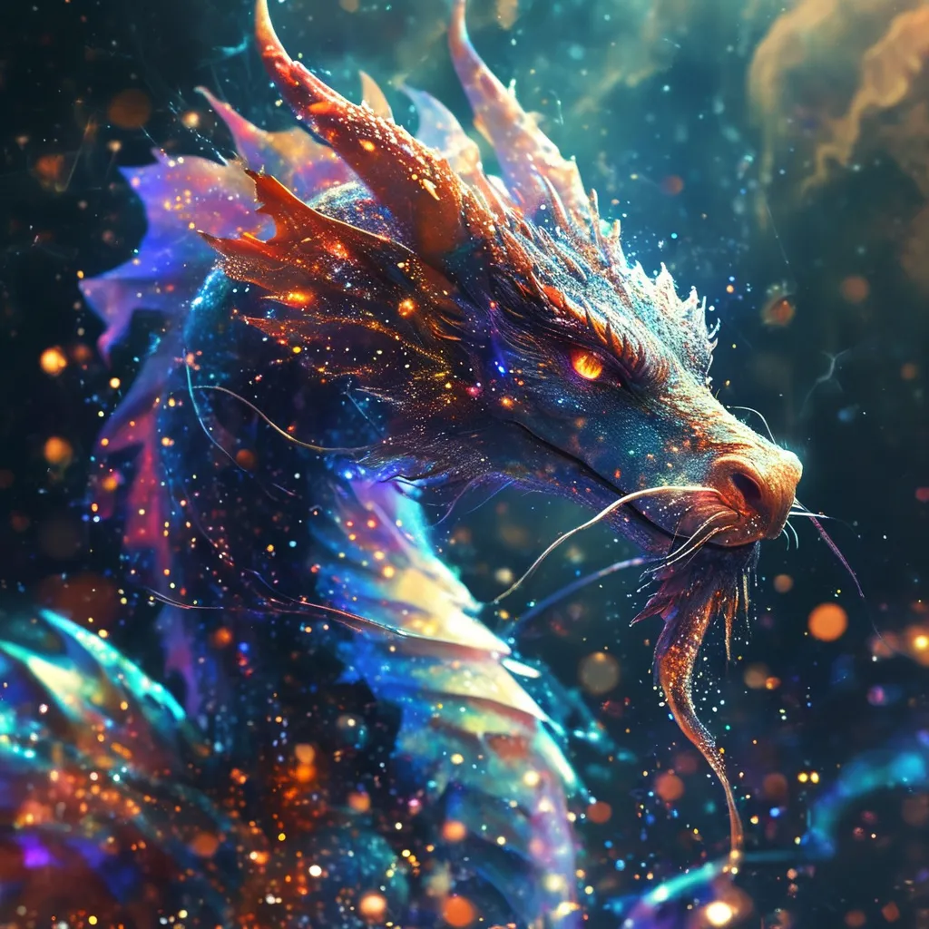 Prompt: (dragon as a celestial starsign), illuminating the universe, (ethereal glow), cosmic background, sparkling stars, mystical atmosphere, swirling galaxies, magical light trails, enchanting aura, (highly detailed), (4K quality), surreal interpretation, celestial fantasy, sense of wonder.