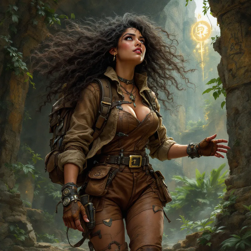 Prompt: digital art, Cute Tinkerer woman adventurer, adivasi appearence, medieval fantasy setting, wearing leather overalls, heavy boots, and jacket backpack, adorned with various tools, chaotic hair flowing wildly, showcasing a toned physique, exploring ancient ruins filled with mystical traps, dramatic lighting creating shadows, lush overgrown vegetation in the background, atmospheric tension and excitement, detailed, capturing the essence of adventure and discovery.