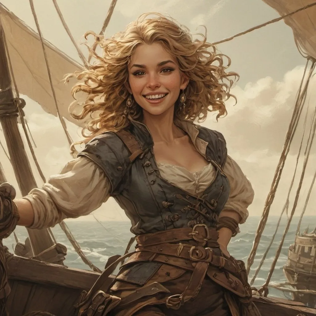 Prompt: Medieval fantasy fierce female pirate, Anton Pieck-style line art, smiling, adventure, windswept hair, sephia color, detailed vintage attire, DnD charater, high quality, digital painting, antique color palette, atmospheric lighting, pirate narrative, female protagonist, vintage, detailed ship, fantasy, medieval, antique color tones, professional, atmospheric lighting