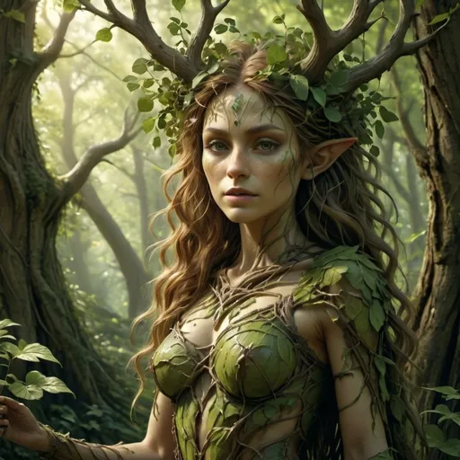 Prompt: (breathtaking concept of dryads), emerging from an enchanted forest, (bark-like skin), intricate detailing of branches and leaves covering their forms, (medieval fantasy), moody and mystical ambiance, dappled sunlight filtering through the foliage, (4K), ultra-detailed texture, capturing the ethereal beauty and ancient wisdom of nature, deep greens and browns blending harmoniously in the scene.