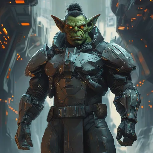 Prompt: Orc DND character, (high-tech futuristic space outfit), (ready for battle), (tech battle armor), intricate details, illuminated armor panels, sleek design, posture of confidence, (space station surroundings), spaceship and blinking control panels in the background, vibrant colors, contrasting shadows, immersive sci-fi ambiance, (4K ultra-detailed), dynamic energy.