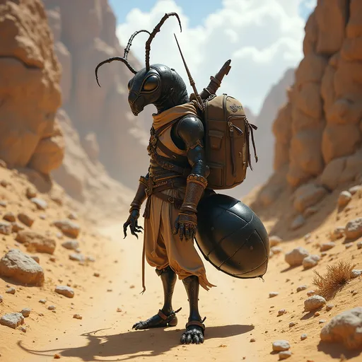 Prompt: Ant symbiosis (DND character adventurer sand nomad), with striking ant-like features, bug eyes, mandibles, (detailed black carapace), standing confidently on a winding road surrounded in the rocky dessert, (ridiculous large oversized backpack) slung over shoulder, medieval fantasy atmosphere, sand and waste features saturating the landscape, (dynamic angle), ultra-detailed, imaginative narrative-driven scene.