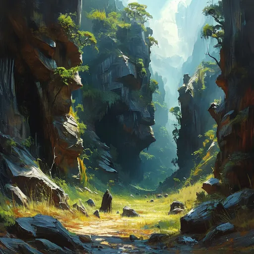 Prompt: (wild lands) (savanah) (rocky terrain), vibrant oil painting, fantasy landscape, creeping monsters lurking among the rocks, enchanting and mystical atmosphere, dappled sunlight filtering through etc, ancient trees swaying gently, deep shadows and striking highlights, rich earth tones with splashes of vibrant greens and browns, epic DnD adventure vibes, ultra-detailed, captivating composition.