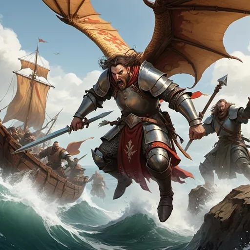 Prompt: battling the sea giants, medieval fantasy, great armies, DnD characters, maigcal spells flying through the air,