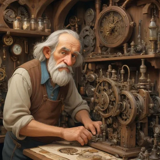 Prompt: (old man clock maker), (antique wooden workshop), (gears and levers) in intricate detail, medieval fantasy setting, watercolor painting anton pieck style, soft and muted colors, warm ambient lighting, filled with dust motes, nostalgic atmosphere, charming clutter, whimsical and dreamy quality, ultra-detailed, inviting vibe that captures the essence of craftsmanship and imagination.