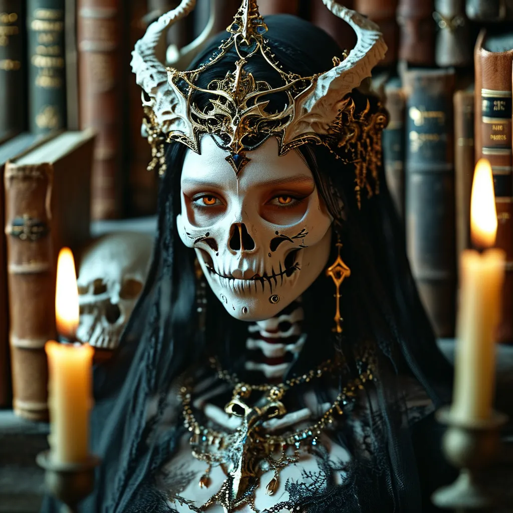 Prompt: (powerful lich queen), (goddes of death), (ethereal beauty), dark and ominous lighting, skeleton, ivory skull, magical illumination, medieval fantasy, surrounded by ancient books, emanating a sense of deep knowledge and wisdom, mystical atmosphere, intricate details, high contrast, regal aura, (4K), ultra-detailed, evokes a sense of both allure and danger, shadows dancing around her, otherworldly presence.