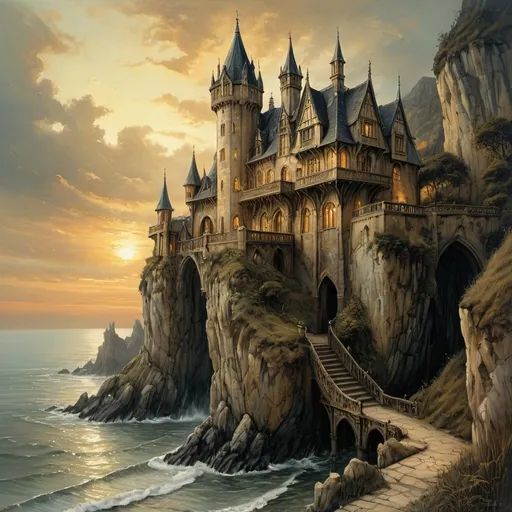 Prompt: realistic  gothic castle on ocean cliffs anton pieck style, golden sunset, detailed architecture, integrated in the cliffs, oil painting, high quality, gothic style, dramatic lighting, cliffside setting, intricate details, atmospheric, sprawling mansion, sunlit ocean, moody atmosphere