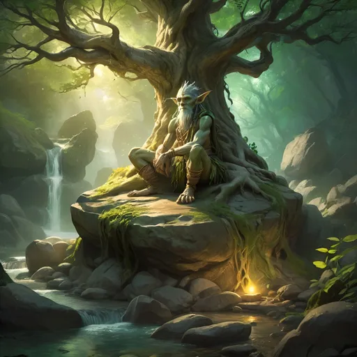 Prompt: (ancient tree growing atop a boulder in rocky terrain),  a goblin shaman character sitting on a nearby rock, Green and wooden aspects, magical illuminating swirls surounding the tree, little stream flowing from the tree, sacred grove, mystical atmosphere, warm golden and emerald tones, rays of light filtering through the branches, enchanted forest background with dense foliage, high-definition, ultra-detailed,  serene and awe-inspiring, crisp image quality, nature's magic, intricate root systems wrapping around the boulder