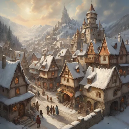 Prompt: Oil painting of an (medieval fantasy village in winter), inspired by Anton Pieck style, (rich in detail), charming houses with intricately designed facades, towers, palaces, snow-covered rooftops, farmers market crowded with lively characters, magical spells in the air,  warm sun beams breaking through soft winter clouds, creating a serene and magical ambiance, mountains in the background, ( vibrant colors) for a captivating and nostalgic scene.