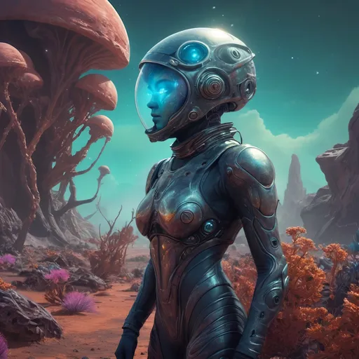 Prompt: Space explorer on a strange planet, alien landscape, high-res digital painting, sci-fi, surreal colors, steam punk, body tight suit with futuristic design, alien flora and fauna, beautiful face, atmospheric lighting, otherworldly atmosphere, exploratory mission, mysterious environment, high-tech equipment, vibrant and surreal tones, professional digital art