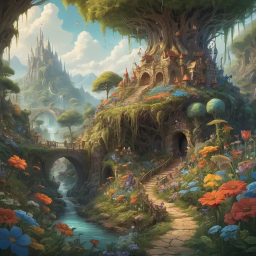 Prompt: (tiny DnD adventurers in a supersized macro world), (majestic flowers and roots), (medieval fantasy setting), (colossal insects), vibrant colors, cheerful sunlight, ultra-detailed, oil painting style, good lighting, lush greenery, expansive vista, fantastical elements