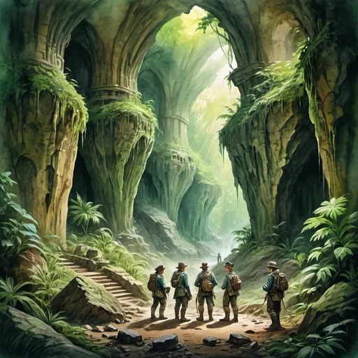 Prompt: Team of Victorian explorers uncovering ancient ruins in large cavern complex, watercolor, sharp lines, detailed, high quality, lush green tones, natural lighting, Victorian attire, elaborate explorer gear, overgrown with foliage, ancient carvings, mysterious atmosphere, old world charm, steam punk