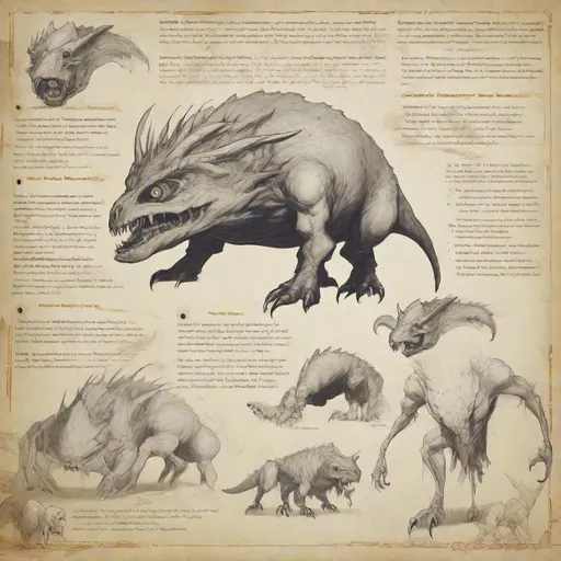 Prompt: beastiary with several plains monsters sketches and information