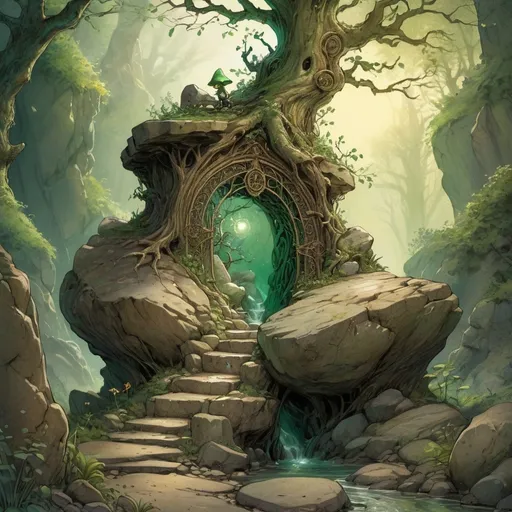 Prompt: (a goblin character  by an ancient magical gate to another universe atop a boulder in rocky terrain), anton pieck style, Green and wooden aspects, magical illuminating swirls surounding the tree, little stream flowing from the tree, sacred grove, mystical atmosphere, warm golden and emerald tones, rays of light filtering through the branches, enchanted forest background with dense foliage, high-definition, ultra-detailed,  serene and awe-inspiring, crisp image quality, nature's magic, intricate root systems wrapping around the boulder