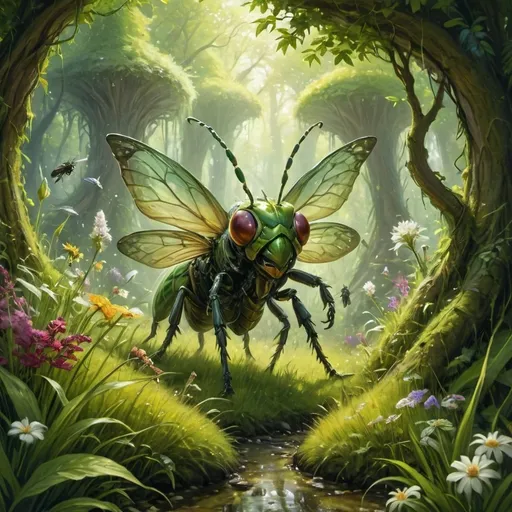 Prompt: (tiny DnD adventurers in a supersized macro world), (giant grass blades), (majestic flowers and branches), (medieval fantasy setting), (colossal insects), vibrant colors, cheerful sunlight, ultra-detailed, oil painting style, good lighting, lush greenery, expansive vista, fantastical elements