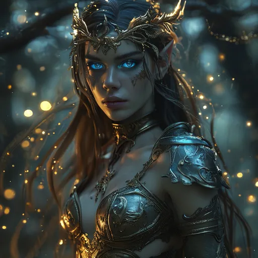 Prompt: Full depiction of a (unaturally beautiful elf woman) Valkyrie character, wearing a (long flowing gown with intricate lace details) and (high heel armored boots), in a dark hunted forest, intense blue healing eyes, dark shadows enhance her elegance, hopefull ambiance, highly detailed features, (HD) quality, magical atmosphere, flow of  magical golden illumination surrounding her 