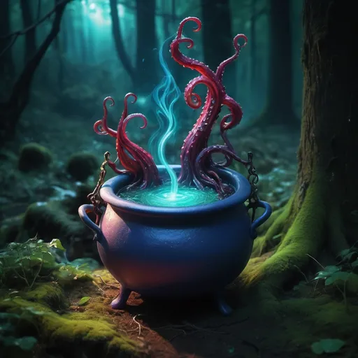 Prompt: (whitches cauldron with the elixir of life), saplings growing, tentacles gracefully rising, illuminating brew, vibrant blue, radiant red and lush green hues, ethereal atmosphere, mystical energy, high contrast lighting, enchanted forest background, organic shapes entwined, magical essence, (ultra-detailed) visuals, captivating and whimsical ambiance, inviting curiosity, (4K quality).