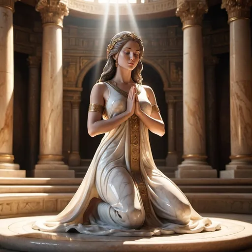 Prompt: realistic (marble full-body statue of a gorgeous woman kneeling), adorned beautifully, set in the middle of a grand auditorium within an ancient temple, atmospheric ambiance with sophisticated lighting, ethereal sun rays illuminating the scene, detailed ancient architecture surrounding, warm tones creating a mystical feel, hint of medieval fantasy, ultra-detailed, high-definition.