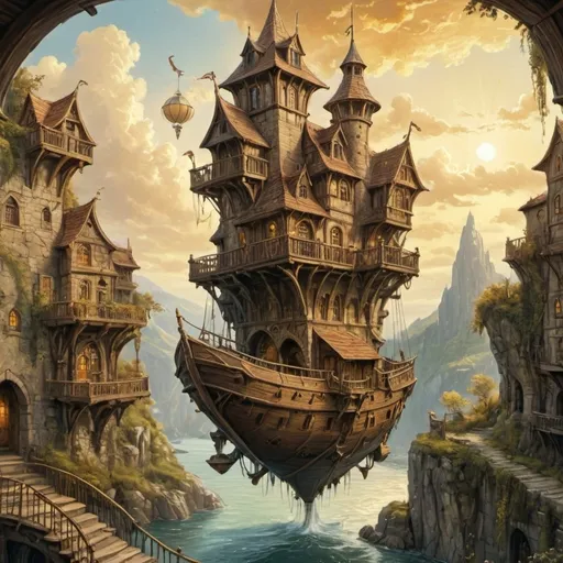 Prompt: (flying ship docked a balcony of a flying floating mage's tower), anton pieck style, oil painting, (golden clouds), sun's rays, rocky valley, wild stream, medieval fantasy, magical atmosphere, vibrant and warm colors, cinematic depth, highly detailed background, rugged landscape, serene ambiance, whimsical and enchanting scene, ultra-detailed, 4K.