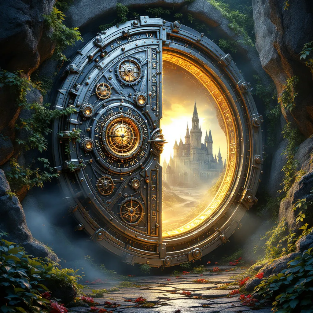 Prompt: digital art, magnificent mechanical sturdy vault door, intracate metullargy and magic, leading to a grand mansion, surrounded by rugged rocky terrain, abundant moss, and lush trees, glowing runes, through foliage, enchanting atmosphere, rich colors with high contrast, intricate details in the gate design, ultra-detailed, captivating, fantasy landscape with a sense of adventure and mystery