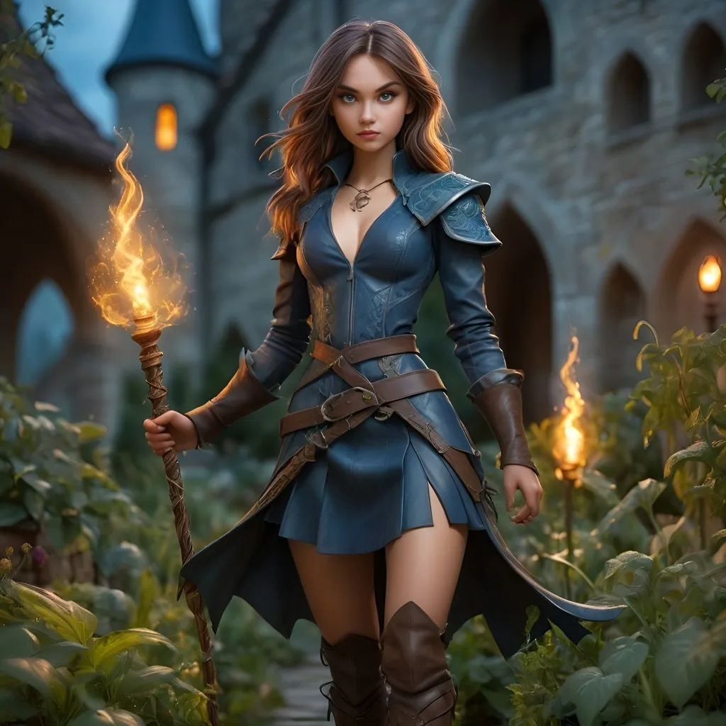 Prompt: photo realistic, Full body, dragon born wizard girl, leather skirt, fierce eyes, walking through a herb garden, business top, intricate mantle, knee high boots, illuminating wand, mages tower, medieval fantasy, magical signs, high quality, detailed, medieval fantasy, illuminating blue magical streams, intricate patterns, atmospheric lighting, 
