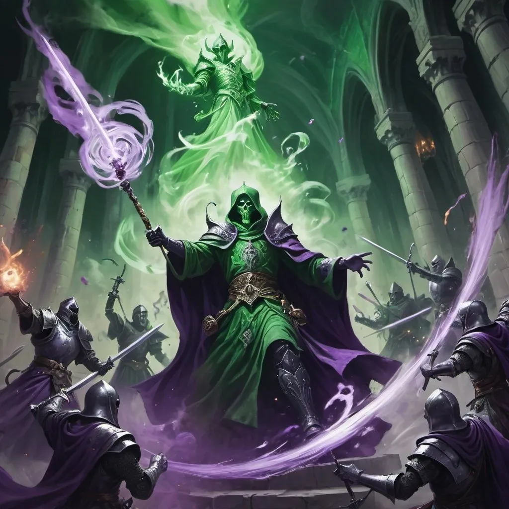 Prompt: skirmish  between Sinister DnD character Lich hovering in the air battling and some knights, robes, battle scene, worriors, knights, magical swirls, green and purple tints, intense aura, high contrast, fantasy, highres, detailed, sinister, magical, dark castle, battle, DnD, green tones, swirling magic, intense lighting