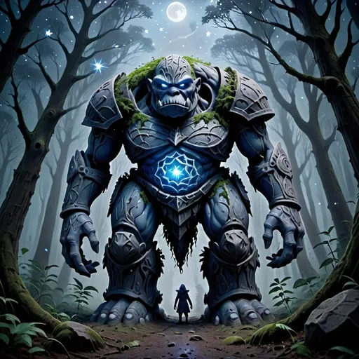 Prompt: (clay golem), dark and mysterious forest, twinkling stars overhead, moonlight casting eerie shadows, towering trees surrounding, a sense of ancient magic, blue and silver tones, cinematic atmosphere, thick mist creeping along the forest floor, serene yet haunting ambiance, ultra-detailed, immersive setting, a powerful figure amidst nature.