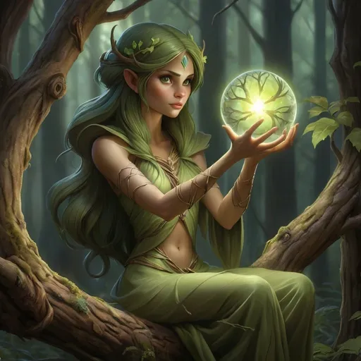 Prompt: a dryad with a glowing orb in her hands sitting on a tree branch in a forest with a glowing orb in her hands, Anne Stokes, fantasy art, magic the gathering artwork, concept art