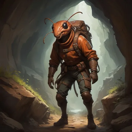 Prompt: (humanoid ant), DnD character, mandables,  medieval adventurer, dungeon crawling, exploring dimly lit caves, rugged landscape, richly detailed oil painting, expressive facial features, sturdy leather backpack, atmospheric shadows, vibrant earth tones, mysterious ambiance, high-quality craftsmanship, dynamic composition, encapsulating the spirit of adventure and discovery.