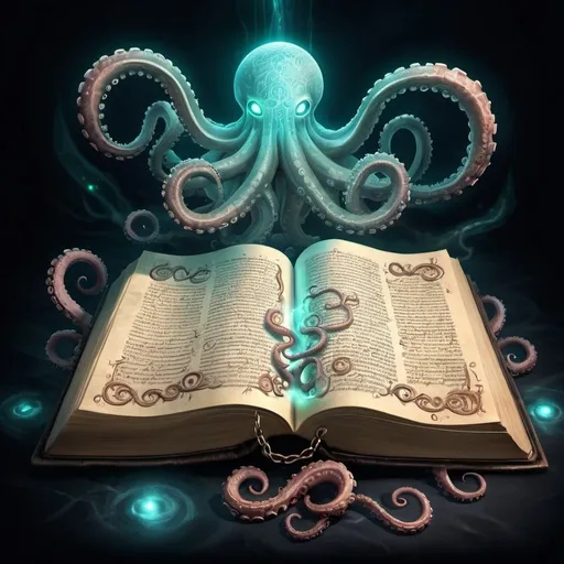 Prompt: Ancient spell tome, magical glow, tentacles emerging, ancient writing, floating in the air, illuminating magical swirls, detailed illustration, high quality, magical, ancient, glowing runes, tentacles, chains, floating, detailed, atmospheric lighting