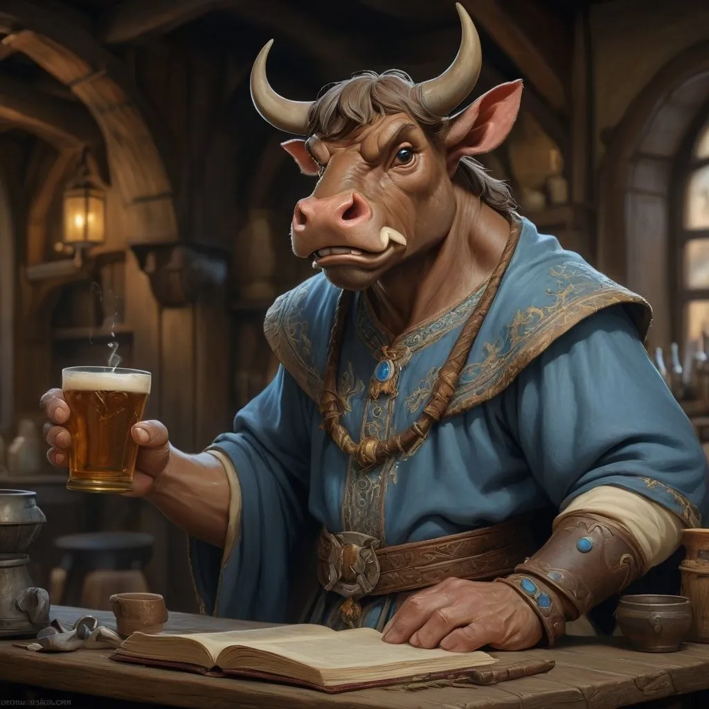 Prompt: Hyperrealistic medieval fantasy oil painting of a minataur mage DnD character, in a tavern, Bull nose, cow legs, hooves, blue gleaming spellbook, in ornate detailed mages robe, dramatic lighting, detailed facial features, high quality, DnD character, dramatic lighting, professional quality, Anton Pieck style, 