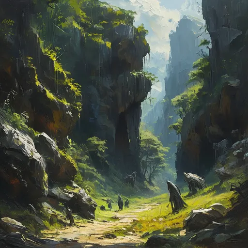 Prompt: (wild lands) (savanah) (rocky terrain), vibrant oil painting, fantasy landscape, creeping monsters lurking among the rocks, enchanting and mystical atmosphere, dappled sunlight filtering through etc, ancient trees swaying gently, deep shadows and striking highlights, rich earth tones with splashes of vibrant greens and browns, epic DnD adventure vibes, ultra-detailed, captivating composition.