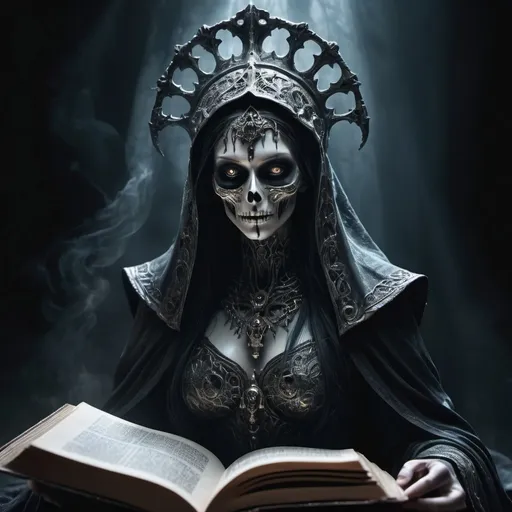 Prompt: realistic full body, (powerful lich), (goddes of death), (ethereal beauty), dark and ominous shadows, decomposing, eyes with magical illumination, medieval fantasy, ancient magical floating book, emanating a sense of deep knowledge and wisdom, mystical atmosphere, intricate details, high contrast, regal aura, (4K), ultra-detailed, evokes a sense of both allure and danger, shadows dancing around her, otherworldly presence.