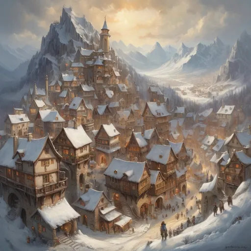 Prompt: Oil painting of an (medieval fantasy mountain village in winter), inspired by Anton Pieck style, (rich in detail), charming houses with intricately designed facades, towers, palaces, snow-covered rooftops, farmers market crowded with lively characters, magical spells in the air,  warm sun beams breaking through soft winter clouds, creating a serene and magical ambiance, mountains in the background, ( vibrant colors) for a captivating and nostalgic scene.