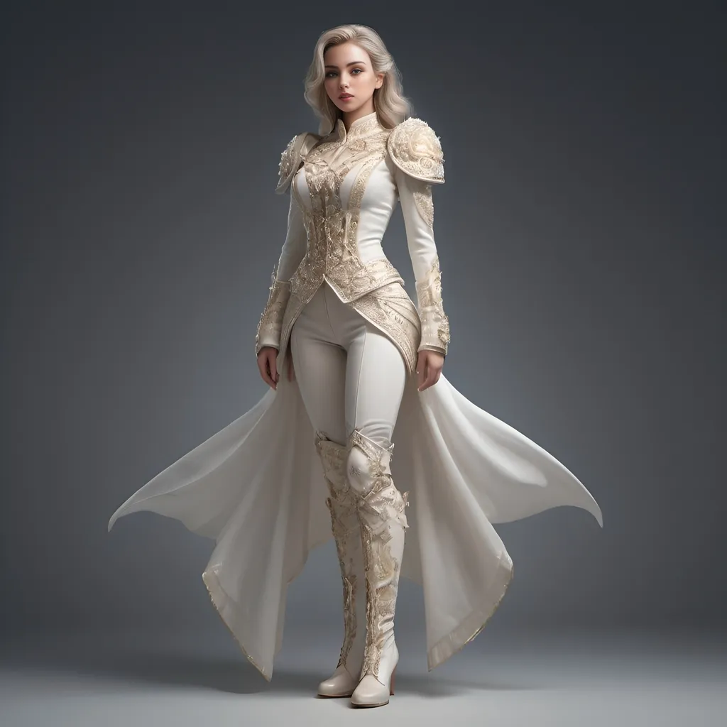 Prompt: photo realistic Full-body female in detailed ceremonial high ranking millitary suit,  a pearl colored boots, ethereal and glowing, high-quality, detailed features, elegant pose, magical, fantasy, ethereal lighting