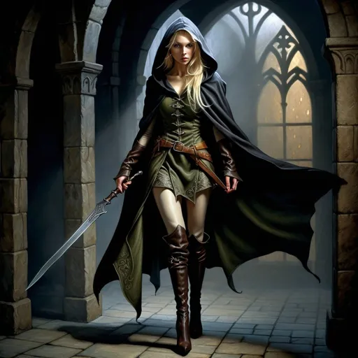 Prompt: Anton Pieck style, Hyperrealistic medieval fantasy oil painting of a stunningly beautiful blond female elf, assassin character, in dark high value fabric and cloak, hooded, depicting full body outfit, detailed fabric paterns, high heel boots, active stance ready to strike, at night, intense shadows, detailed facial features, high quality, DnD character,  dark fabric and cloak, blonde hair, intense shadows, coming from the shadows, sweeping, mysterious,foggy , professional quality, holding a blade