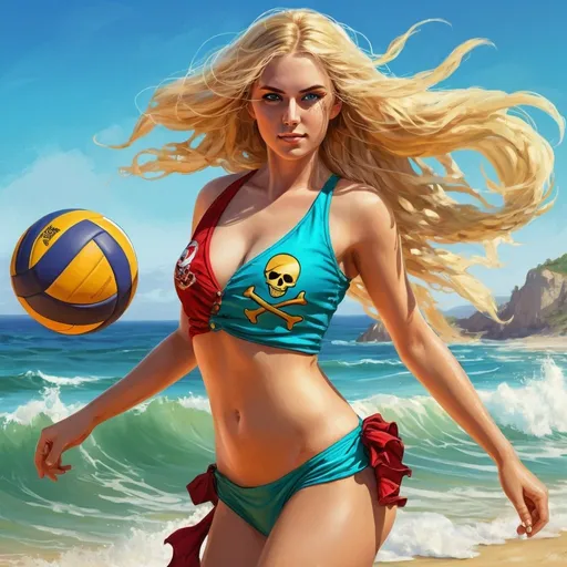 Prompt: Detailed full body summer blonde pirate babe, flowing hair, beautiful face, ocean waves in the background, high quality, volleyball, digital painting, vibrant colors, sunny beach setting, fierce look, detailed eyes, flowing fabric, beach, waves, summer, pirate, vibrant colors, detailed hair, bathing suit, professional, sunny lighting